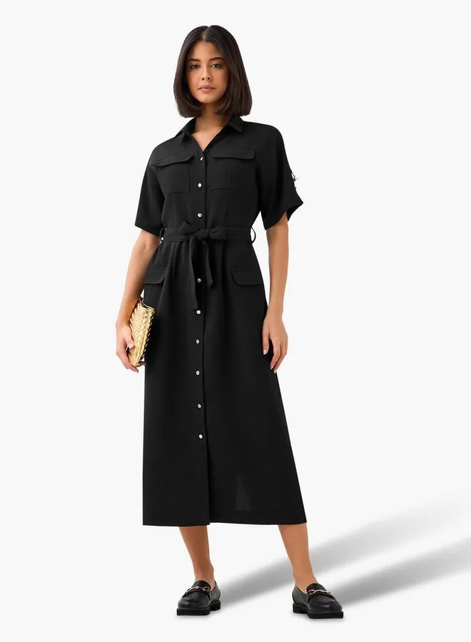 ايكونيك Iconic Midi Belted Shirt Dress with Pocket Detail
